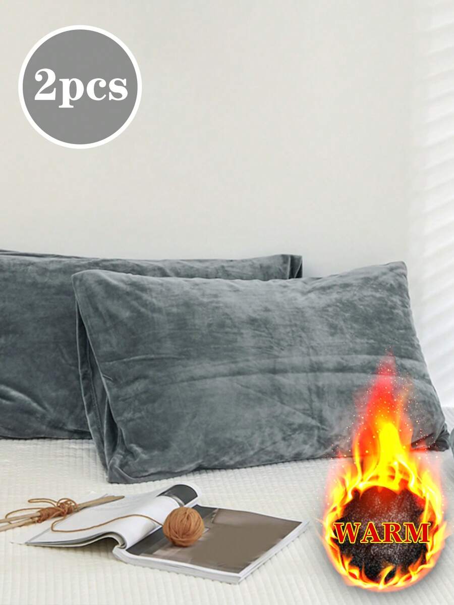 2pcs Set Deep Gray Autumn/Winter Warm Thick Crystal Velvet Flannel Pillowcase, Solid Color Japanese Minimalist Style, Super Soft & Breathable, Suitable For Daily Life, Dorm, Pillowcase (Pillow Insert Not Included), Bedding, Hotel, Home Decor, Fits Double Bed, Large Bed, Extra Large Bed - Dark Grey - View 1