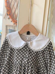 Blossori Young Girls Elegant French Style Loose Fit Wide Lapel Plaid Woven Dress, Autumn/Winter