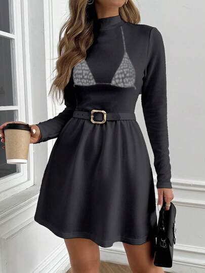 Glamance greaton_std Vestido corto negro para mujer de manga larga, con cuello de pie, casual de block de color, vestidos lisos de verano para mujer, vestido de verano, vestido de playa para mujer, vestido de salida