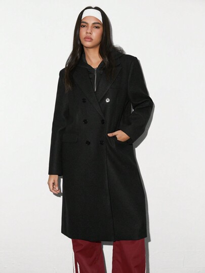 TRNVIE 1 pieza Cárdigan largo minimalista de mujer con capucha, abotonadura doble y diseño patchwork, de moda informal y versátil, para otoño/invierno