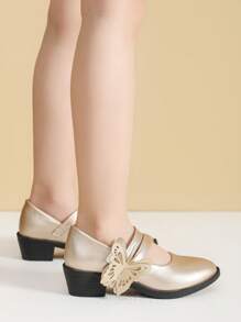 Butterfly Flower Girl Shoes, Golden Color Kids High Heel Shoes, Girls Spring Shoes - Gold - View 6