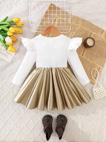 SHEIN Elladie kids Baby Girl Solid Color Patchwork Round Neck Long Sleeve Butterfly Decoration Dress
