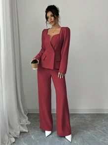 Elenzga Apricot Elegant Long Sleeve Square Collar Waisted Short Jacket + High Waist Long Pants Set, Early Autumn