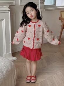 DAZY Young Girl Heart Graphic Crew Neck Long Sleeve Single Breasted Casual Cardigan, Autumn/Winter