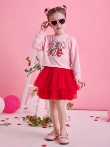 Glamorique Kids Girls Valentine's Day Pink Graphic Top Paired With Red Multi-Layer Tulle Dress