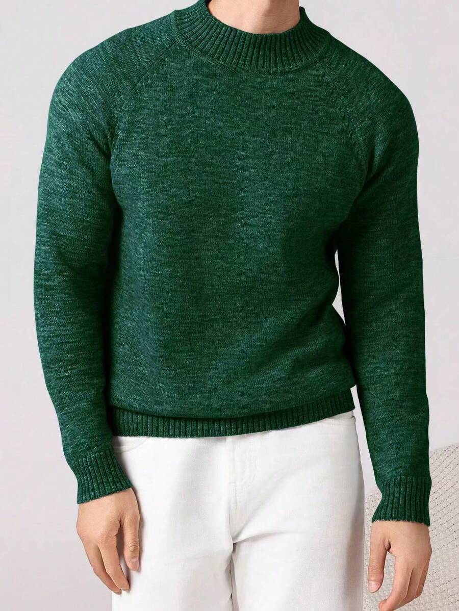Manfinity Homme Men's Casual Mixed Fiber Raglan Sleeve Sweater, Autumn/Winter - Dark Green - View 1