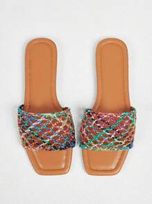 Styleloop 女士时尚金色拼布编织简约波西米亚海滩户外棕色平底凉鞋