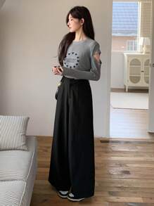 DAZY Quần ống rộng màu trơn đơn giản dành cho nữ đi làm thường ngày, trang phục công sở - màu đen - Xem 2