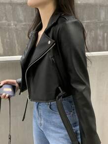 DAZY Chaqueta de mujer de estilo corto, casual y de moda, con cuello de solapa de piel sintética (PU)