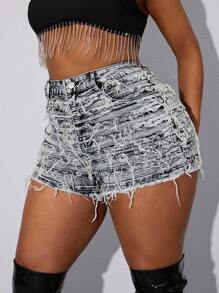 SHEIN SXY Quần short denim thường ngày có túi nút phía trước cỡ lớn viền rách - Màu xanh lam - Xem 4