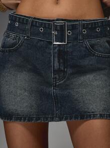 MISSGUIDED Washed Faded Back Rhinestone Detail Belted Bodycon Mini Denim Mini Skirt