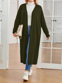 Plus Size Solid Color Open Cardigan, Long Sleeve Casual Top For Everyday Wear - Army Green - View 1