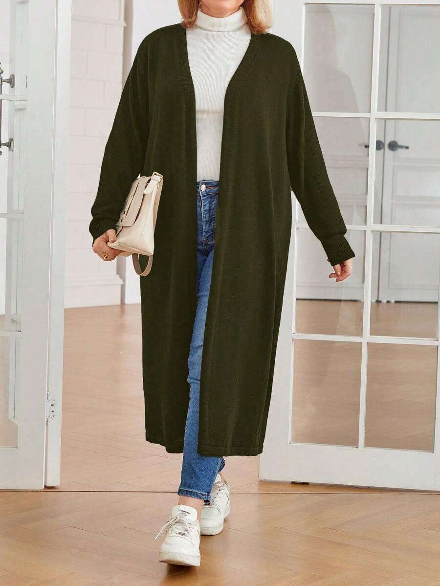 Plus Size Solid Color Open Cardigan, Long Sleeve Casual Top For Everyday Wear - Army Green - View 1