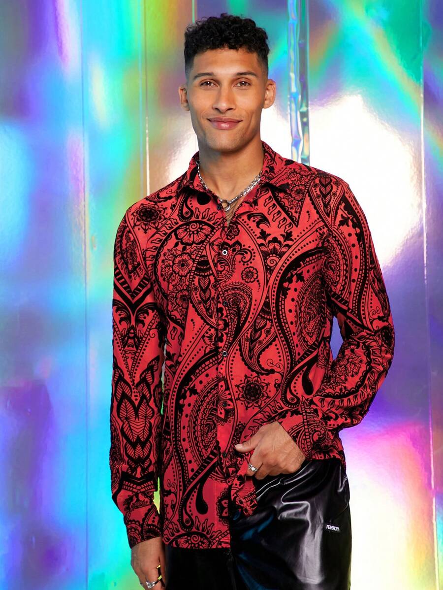 Manfinity VCAY Camisa casual de manga larga con botones delanteros y estampado, para uso diario en otoño - Rojo - Ver 1