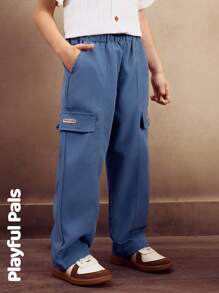 SHEIN 1 pieza Pantalones rectos con bolsillo lateral para niños pequeños, pantalones de color liso casual aptos para cualquier ocasión, básicos y lindos/vintage/casuales para la escuela y exteriores, atuendos de primavera/verano - Azul - Ver 4