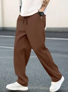 Manfinity Homme 男士纯色抽绳口袋简约休闲长裤，秋季 - 鏽棕色 - 查看 3