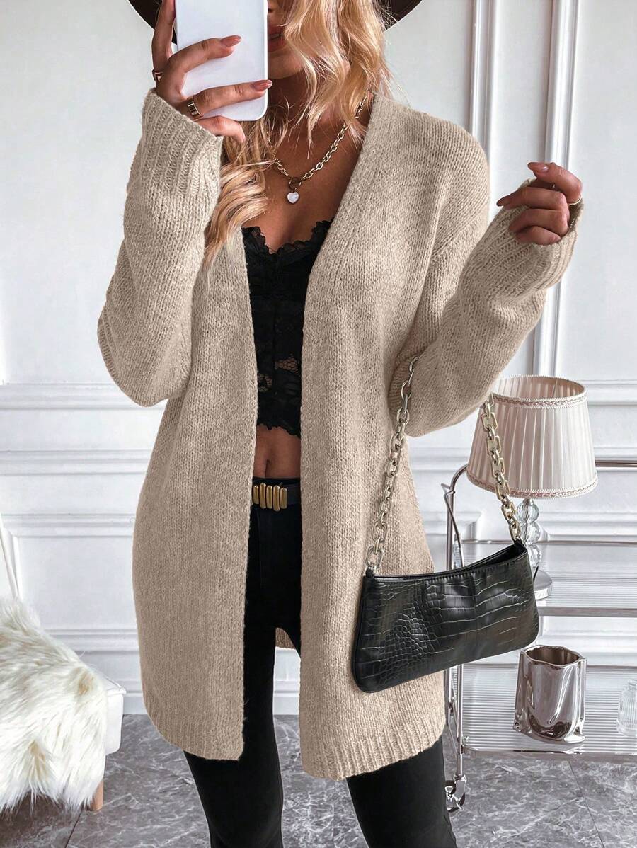 EMERY ROSE Women's Solid Color Long Sleeve Cardigan, Minimalist Casual Daily Wear Fall Winter Cloth For Women - Apricot - View 1