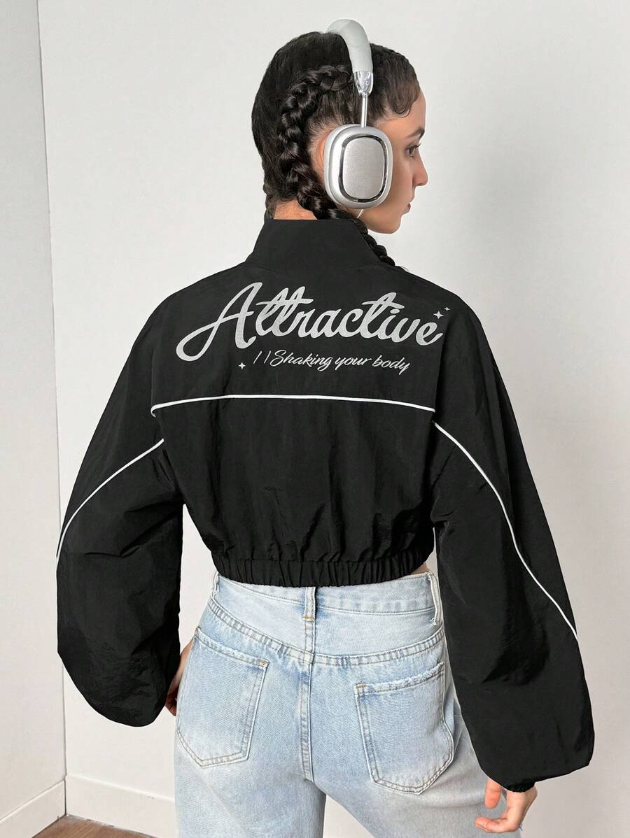 SHEIN Leap Crew TEENGIRL Letter Patched Detail Contrast Piping Crop Black Fall Clothes Jacket - Black - View 1
