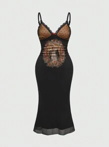 ROMWE Fairycore Plus Size Ladies' Courtly Virgin Mary Print Mesh Dress, For New Year, For Summer - Black - View 1