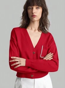 Ontre 优雅心形正面纽扣红色女式冬季服装开衫 - 紅色 - 查看 4