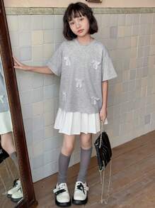Dazy Kids Tween Girl Round Neck Short Sleeve Bow Decor T-Shirt,Girls Summer Outfits,Back To School Clothes - Grey - View 2
