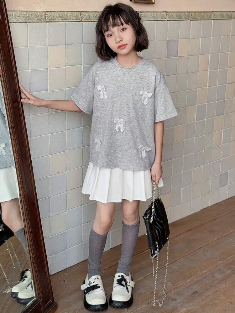 Tween Girl Round Neck Short Sleeve Bow Decor T-Shirt, Summer, Back To School