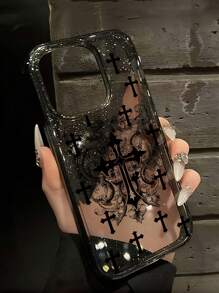 ROMWE Goth 1 Stück Handyhülle im gotischen Stil mit Kreuz-Muster und Glitzer, transparent
