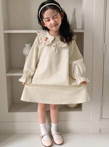 DAZY Young Girl Doll Face Animal Embroidery Striped Long Sleeve Woven Dress, Spring/Summer - Beige - View 5