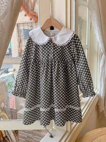 Blossori Young Girls Elegant French Style Loose Fit Wide Lapel Plaid Woven Dress, Autumn/Winter