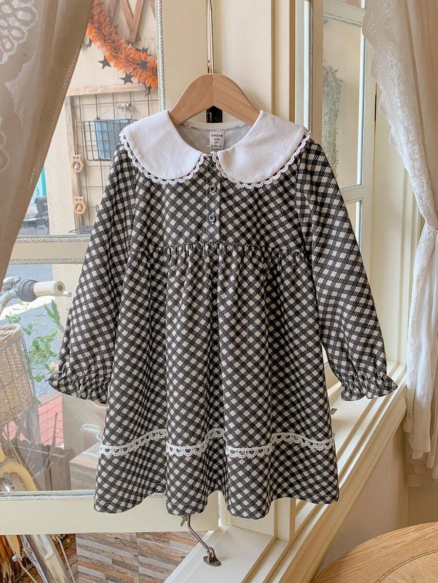 Blossori Young Girls Elegant French Style Loose Fit Wide Lapel Plaid Woven Dress, Autumn/Winter