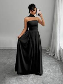Elenzga Vestido largo de mujer con cuello halter fruncido de unicolor, elegante y de moda