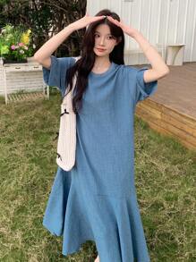 DAZY Đầm dài trơn thanh lịch dành cho nữ, thích hợp cho mùa xuân và mùa hè, kiểu đầm thường ngày. - Màu xanh lam - Xem 3