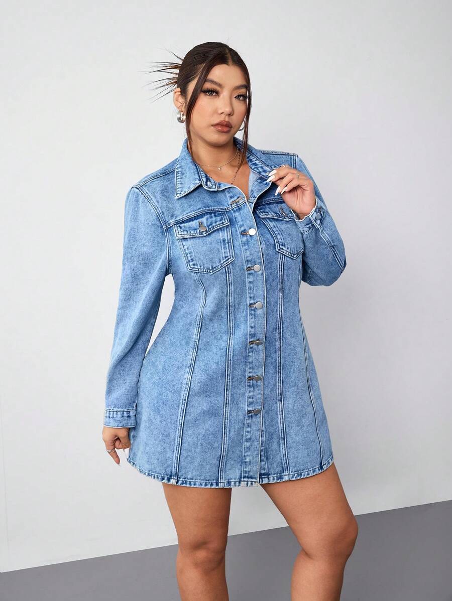 SHEIN EZwear Plus Size Front Button Long Sleeve Pocket Simple Short Denim Dress - Blue - View 1