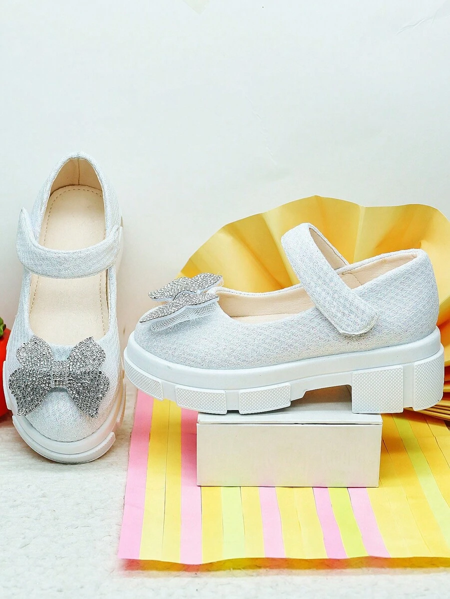 Girls Glamorous Grid Pattern Sparkling Stilettos With Bow And Rhinestone Accents, Elegant And Versatile For Wedding, Party, School Wear, Fashion - Silver - View 1