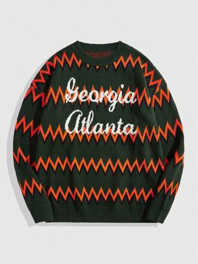 Street Life Maglione da uomo a girocollo con fantasia a righe e lettera jacquard