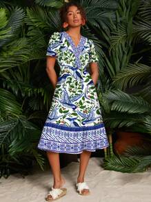 Travachic Váy ôm vừa vặn tay ngắn in họa tiết dệt đến giữa bắp chân dành cho nữ - Xanh và trắng - Xem 3