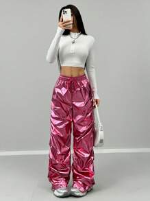 Pantalones rosas de paracaídas con cintura elástica y bolsillos para mujer, estilo Y2K