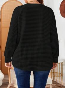 SHEIN LUNE 大码女式休闲格子不对称下摆前纽扣长袖运动衫，冬季 - 黑色 - 查看 2