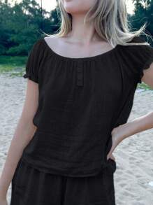 SHEIN EZwear 女式常规款纯色编织方领泡泡袖衬衫 - 黑色 - 查看 3