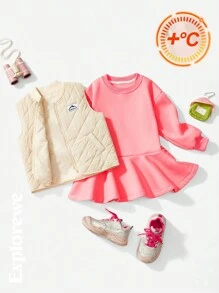 SHEIN 2pcs/Set Girls Casual Soft Hoodie Dress With Padded Baseball Collar Vest, Suitable For Outdoor, City Trip, Daily Wear And School, Autumn/Winter - Pink - View 1