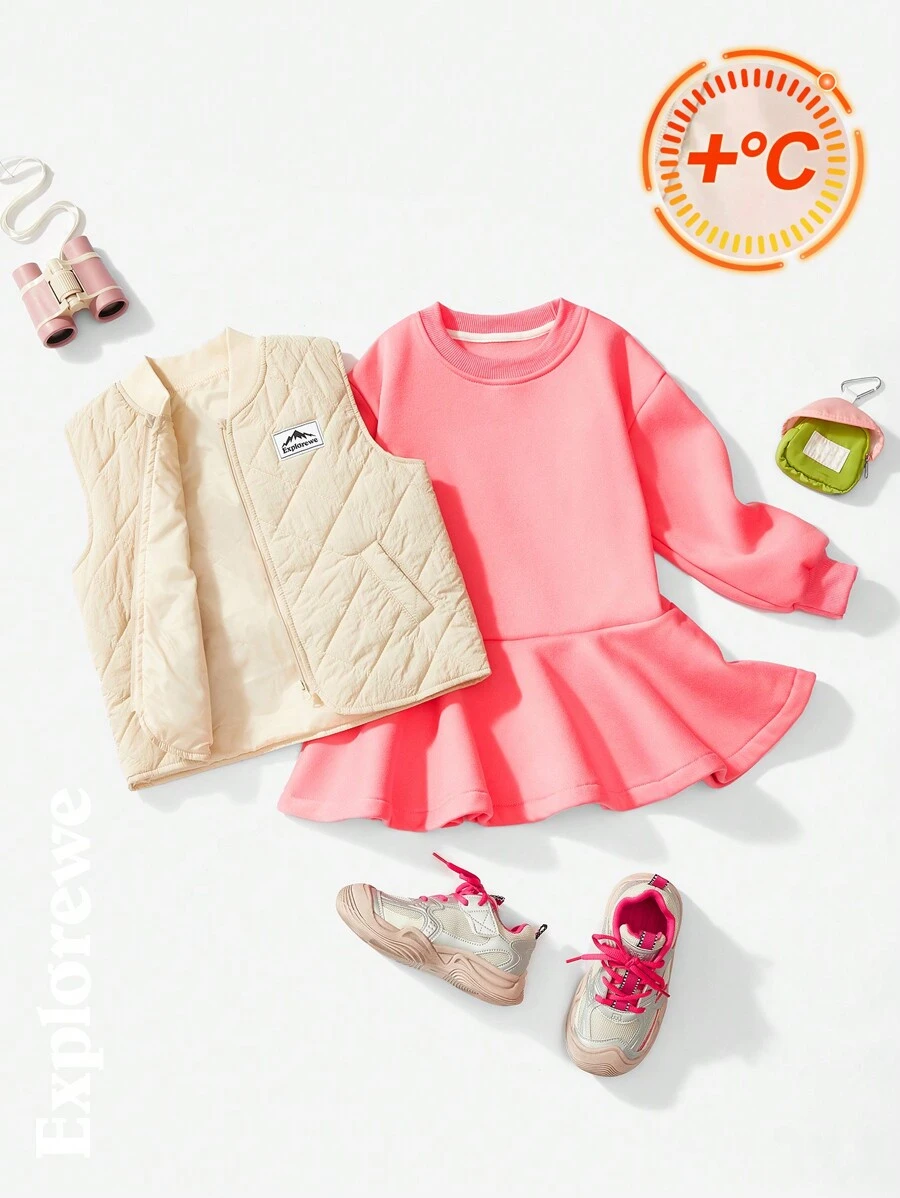SHEIN 2pcs/Set Girls Casual Soft Hoodie Dress With Padded Baseball Collar Vest, Suitable For Outdoor, City Trip, Daily Wear And School, Autumn/Winter - Pink - View 1