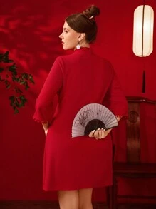 SHEIN Clasi Plus Size Women's Chinese Style Red Waist Cinched Midi Dress, Suitable For New Year, Valentine's Day, Thanksgiving, Christmas, Easter, Anniversary Ball, Christmas Eve, Christmas Party, Christmas Home Decor, Spring Holidays - Red - View 2