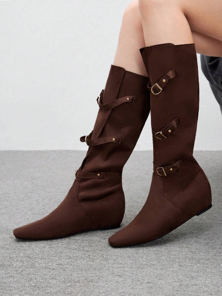 CUCCOO BIZCHIC Women's Fashionable Commuting Elegant Brown Suede Metal Buckle Pointed Toe Ankle Boots