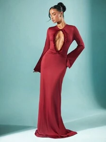 Hauture Women's Elegant Burgundy Red Autumn Long Sleeve Dress,Front Keyhole Ruffle Edges Backless Evening Gown,Party Prom Wedding Formal Christmas Dress - Red - View 4