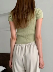 DAZY Women Lace Patchwork Round Neck Simple Green Knit Top - Green - View 2