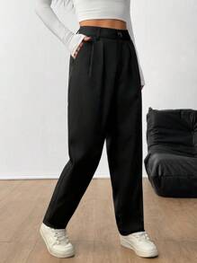 Chiquease Pantalones casuales sólidos con botones delanteros simples para uso diario de mujer