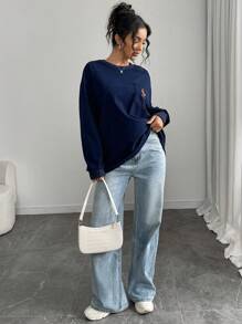 INAWLY Women's Long Sleeve Pocket Letter Embroidery Casual Sweatshirt Pullover Fall - Navy Blue - View 4