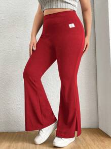 SHEIN EZwear Valentine's Day,Plus Size Casual Solid Color Split Flared Pants - Red - View 1