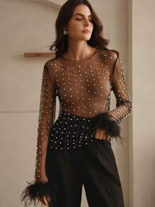 Anewsta Mesh See-Through Rhinestone Studded Fuzzy Women's Top - Black - View 5