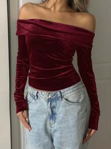 Muchica 勃艮第针织天鹅绒露肩女式紧身 T 恤 - 酒紅色 - 查看 5